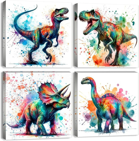 Colorful Dinosaur Canvas Wall Art for Boys Watercolor Dinosaur Painting Prints Kids Bedroom Dino Pictures Wall Decor Toddler Nursery Animal Poster Artwork Bathroom Home Decorations 16x16” 4Pcs