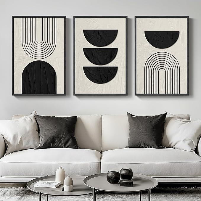 Large Framed Neutral Black and Beige Wall Art, 3 Piece Modern Canvas Prints Paintings Artwork for Walls, Minimalist Boho Geometric Pictures Wall Decor for Living Room Bedroom Home Office 20x30 In