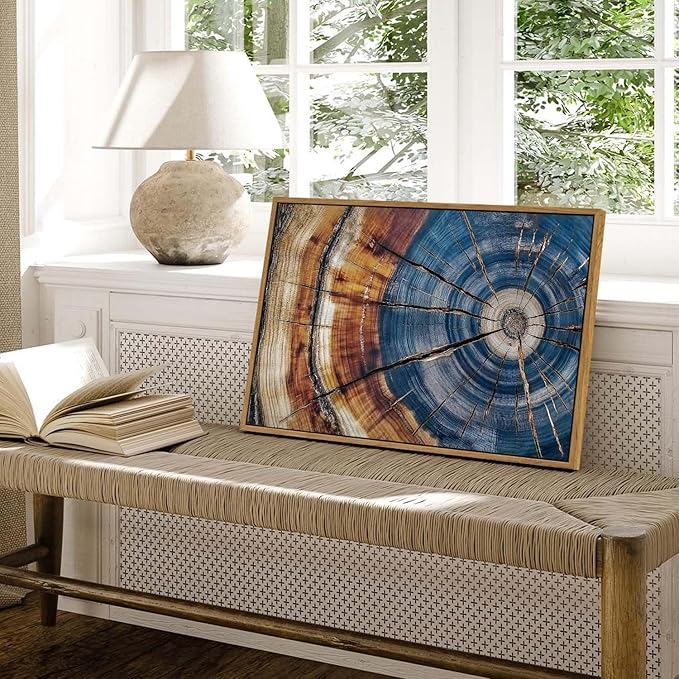 BingruiArt Framed Tree Ring Canvas Wall Art Abstract Wood Wall Decor Boho Modern Colorful Nature Painting Wood Stump Prints Pictures for Living Room Bedroom Bathroom Office 16"x24" Natural Framed(02)