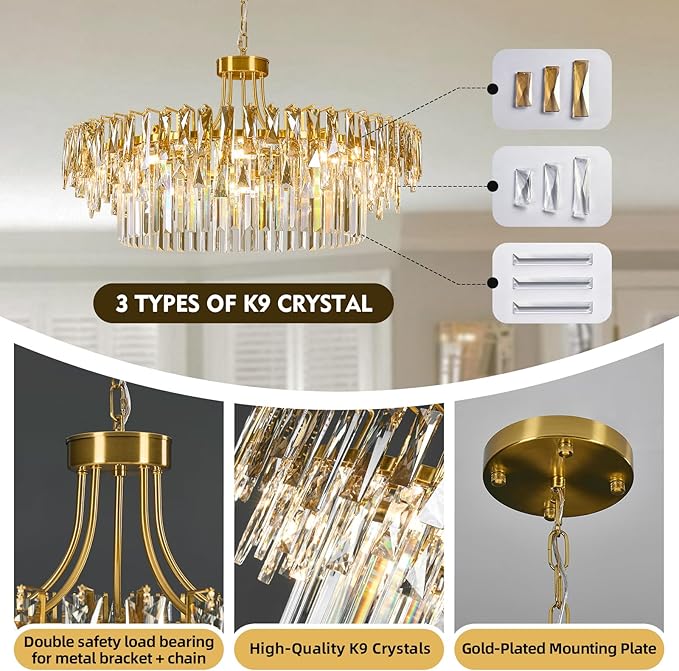 Modern Large Round Crystal Chandelier - 31.5'' Gold Luxury K9 Crystals Chandeliers for Dining room,Contemporary 3 Tier Raindrop Chandelier for Living room Bedroom Foyer Kitchen (Include light bulb)