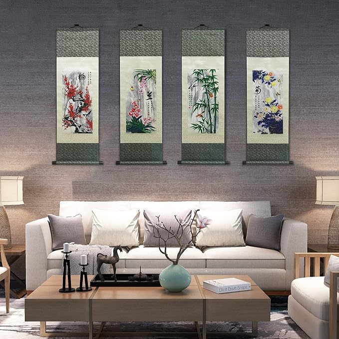 AtfArt Asian Wall Decor Beautiful Silk Scroll Painting 4 Righteous Men Flowers - Plum Orchid Bamboo Chrysanthemum Oriental Decor Chinese Art Wall Scroll Hanging Painting Scroll (4 Piece)…