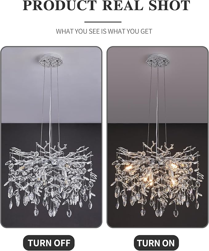 Modern Tree Branch Crystal Chandelier Luxury Silver Crystal Pendant Lighting 18" Contemporary 6-Light Chandeliers for Dining Room Kitchen Bedroom Living Room