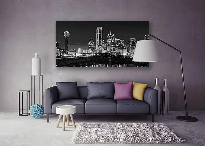 NAN Wind 1 Pcs Dallas Skyline Canvas Wall Art Black White Cityscape Night Scene Modern City Giclee Prints on Canvas Framed Urban Home Decor Skyscrapers Picture Painting for Room Decor