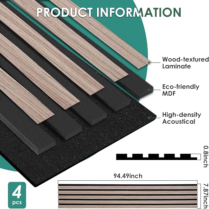 4-Piece Wood Slat Acoustic Panels for Stylish Interior Decor & Noise Reduction - 94.5" x 7.87" 3D Solid Wood Wall Panels for Ceiling and Wall, Covers 20.66 Sq Ft, Light Brown