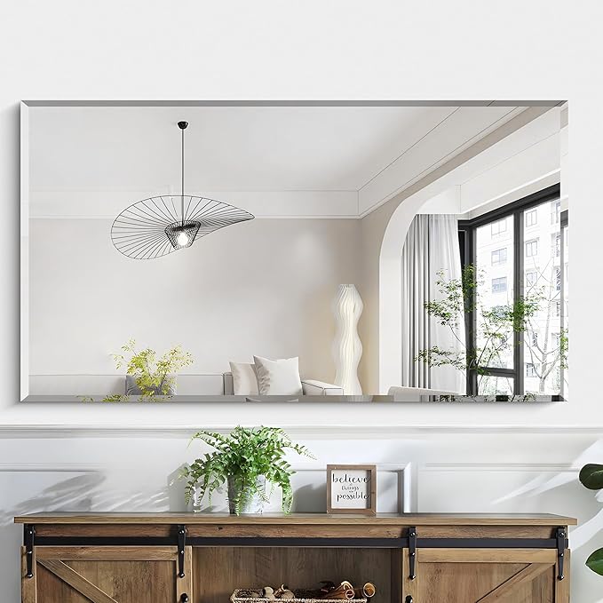 KOCUUY Beveled Mirror, 55x30 Inch Large Frameless Bathroom Mirror for Over Sink, Upgraded Shatterproof Beveled Unframed Design Mirror for Bathroom, Bedroom, Hang Horizontal/Vertical