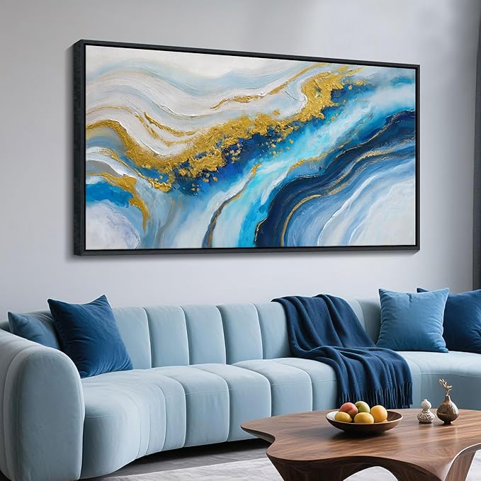 Blue Modern Gold Wall Art for Living Room - Abstract Canvas Wall Art, Office Wall Decor, Above Bed Wall Decor, Large Pictures for Bedroom Framed Artwork for Walls 24×48IN