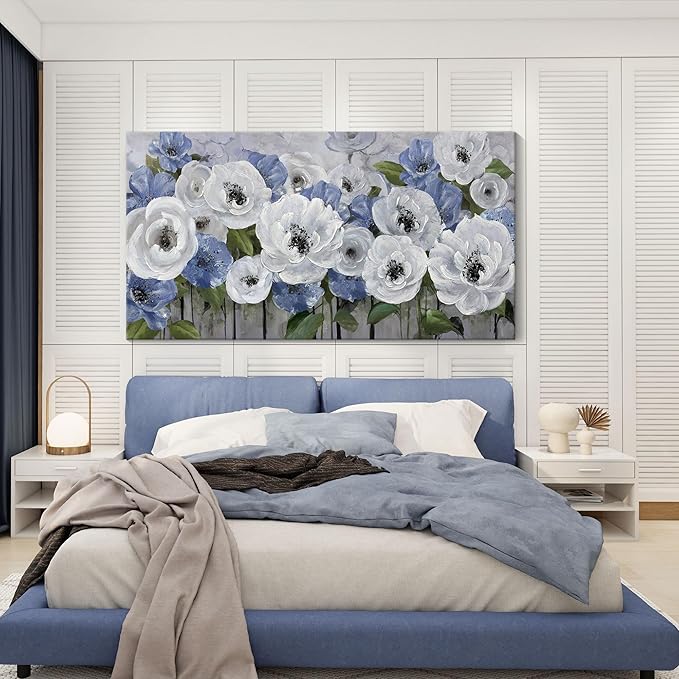Mofutinpo Large Canvas Wall Art for Living Room, Blue and White Textured Floral Wall Art, Flower Wall Pictures and Paintings, Nature and Landscape Artwork, Bedroom Wall Decor