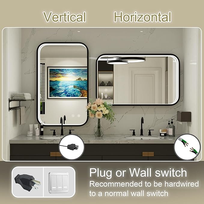 24x36 Inch LED Bathroom Mirror with Lights, Adjustable 3000K/4500K/6000K, Wall Mounted Black Lighted Bathroom Vanity Mirror, Stepless Dimmable, Anti-Fog, Memory Function