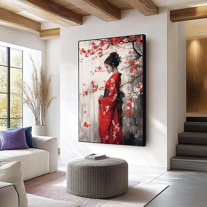 Kewhush Japanese Geisha Canvas Wall Art, Cherry Blossom Wall Art, Framed Canvas Print, Modern Asian Wall Decor, Japan Wall Print, Traditional Home Decor (Black Framed, 28"x42" | 71x107cm)