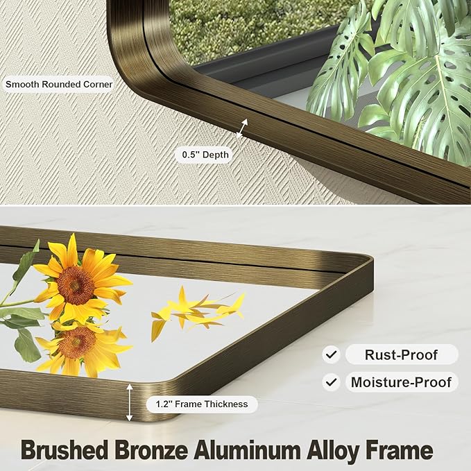 22x30 Inch Bronze Framed Bathroom Mirror, Brushed Bronze Metal Vanity Mirror, Bronze Rectangle Mirror, Rounded Corner, Tempered Glass, Anti-Rust, Shatterproof (Horizontal/Vertical)