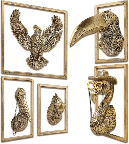 Bird Wall Art Decoration Sculpture(5 Pack,Gift Metal Frame)- Exquisite Wall Hanging Sculptures for Living Room, Bedroom, Office - Handmade Home Art Decor & Unique Housewarming Gift