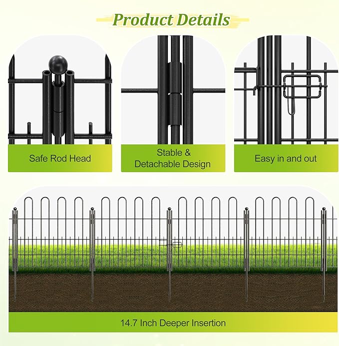 Bepatio Decorative Garden Fence Animal Barrier with Gate, 24in (H) x 10ft (L) 5 Panels Dog Fence Outdoor for Yard, Heavy Duty Metal Garden Fence Border, Flower Bed, Easy Setup, Black