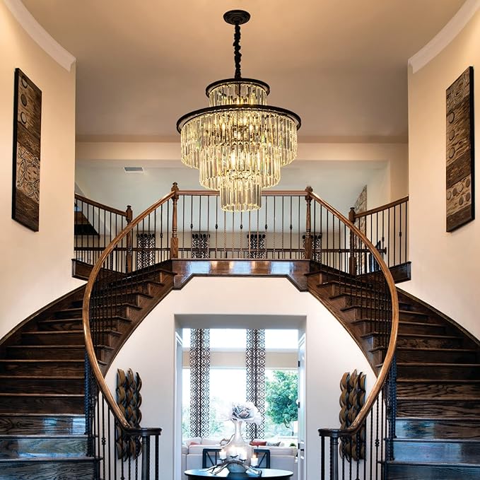 23" 14-Light Modern Crystal Chandelier Light Fixtures 4-Tier Black Luxury Chandeliers for Dining Room Round Hanging Pendant Lighting for Living Room Kitchen Entryway Bedroom Foyer Hallway