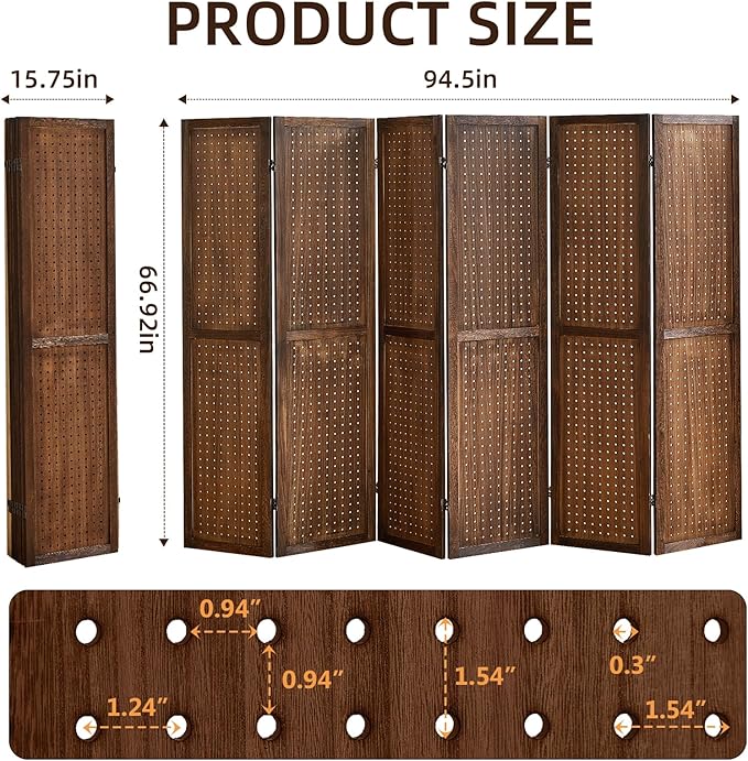 6 Panel Pegboard Display with 24 Hooks,Partition Room dividers, Wooden Room Divider Wall and Folding Privacy Screens, Pegboard Room Divider, Bedroom, Balcony, Dark Brown