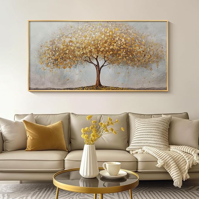 Large Framed Tree of Life Gold Wall Art for Living Room, Canvas Prints Paintings Artwork for Walls, Modern Luxury Golden Big Tree Pictures for Hallway Dining Room Bedroom Office Wall Decor 30x60 In