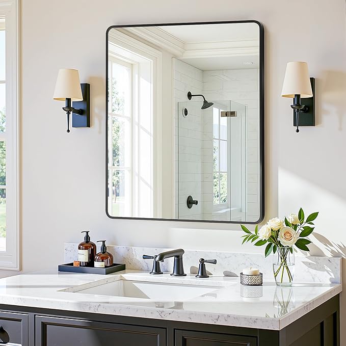Antok Wall Mirror, 22"x30" Bathroom Vanity Mirror, Anti-Rust HD Tempered Glass, Wall Mounted Mirrors for Living Room, Entryway, Black Frame, Rect