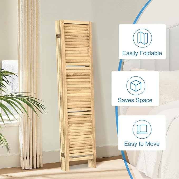 4 Panel Room Divider 5.6FT Louvered Design Room Dividers with Display Shelves Folding Privacy Screens Portable Freestanding Partition Wall Dividers for Bedroom & Office, Natural Wood