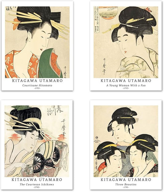 Berkin Arts Wall Art Unframed Prints Giclee Art Paper Set of 4, 11x14 inch Japanese Ukiyo-e Artwork, Office Decoration Elegant Women Portrait Illustrations Unique Gift Kitagawa Utamaro Prints