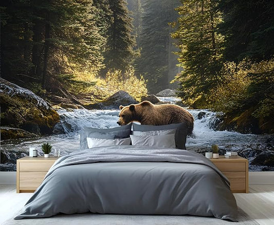 Brown Bear Mural Wallpaper, Forest Bear Murals, Natural Landscape Murals, Wallpaper for Living Room Bedroom Boy Girl Room Home Decor Mural (Not Peel Stick)