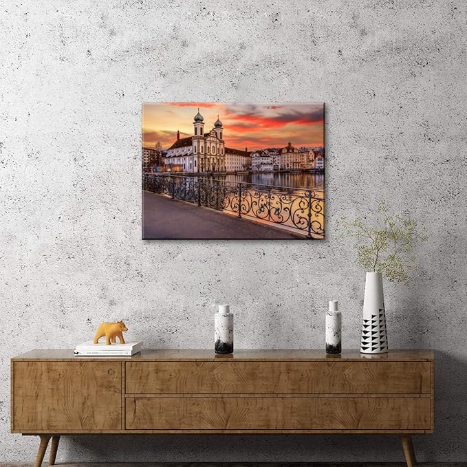 Mordern 1Pcs European Cityscape Canvas Wall Art Scenic Sunset Over River Cathedral with Domes Ready to Hang Architecture Romantic Travel Destination Decorative Framed Artwork for Living Rooms Bedrooms