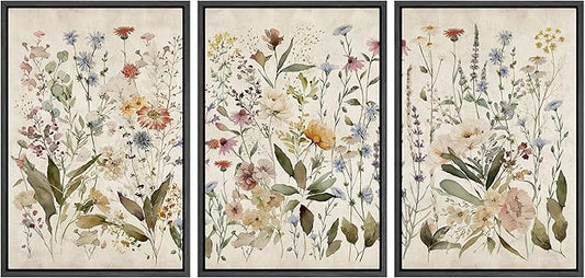 MUDECOR Framed Wall Art Print Set Blooming Wildflowers Illustrations Modern Art Decorative Colorful Chic for Living Room, Bedroom, Office - 16"x24"x3 Black