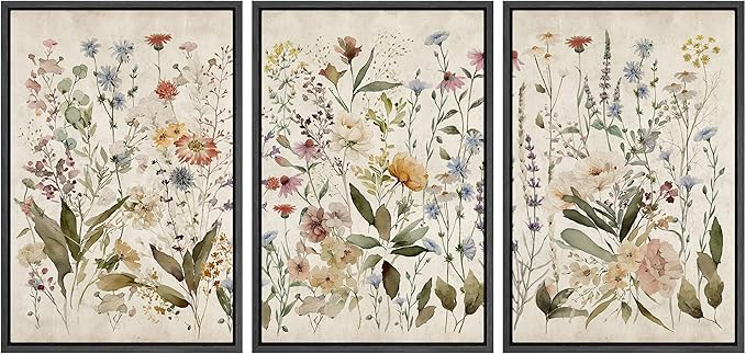 MUDECOR Framed Wall Art Print Set Blooming Wildflowers Illustrations Modern Art Decorative Colorful Chic for Living Room, Bedroom, Office - 24"x36"x3 Black
