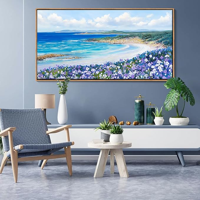 Mofutinpo Coastal Beach Wall Art Large Purple Flower Landscape Canvas Wall Art for Living Room & Bedroom Decor, Framed Blue Beach Pictures & Paintings for Walls,Ocean Artwork for Home & Office 20x40IN