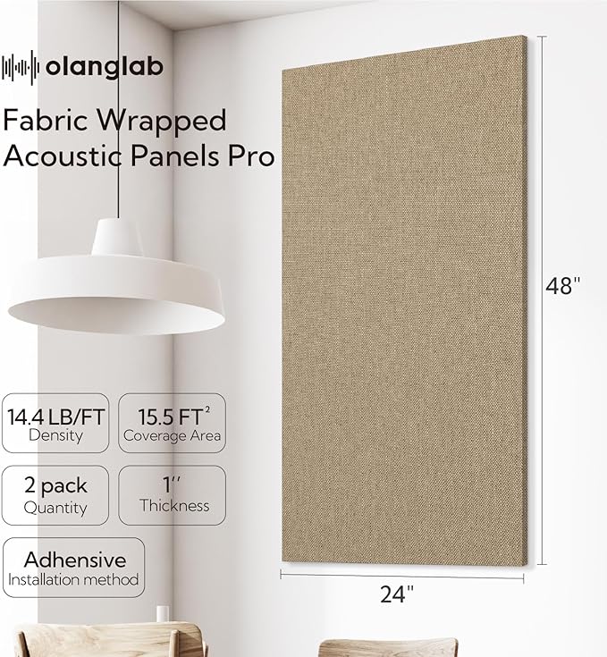 Olanglab Acoustic Panels 2 Pack, 48''x24'' Large Sound Panels, Fabric Wrapped Sound Proof Foam Panels for Walls, Sound Absorbing Panels for Recording Studio Acoustical Treatments (Khaki)