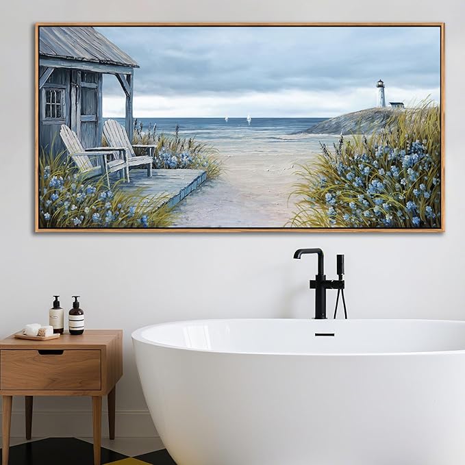 Coastal Wall Art for Living Room - Framed Vintage Wall Decor & Seascape Bedroom Beach Wall Decor | Ocean with Beach Pictures | Canvas Artwork for Home Decor Farmhouse 29×58IN