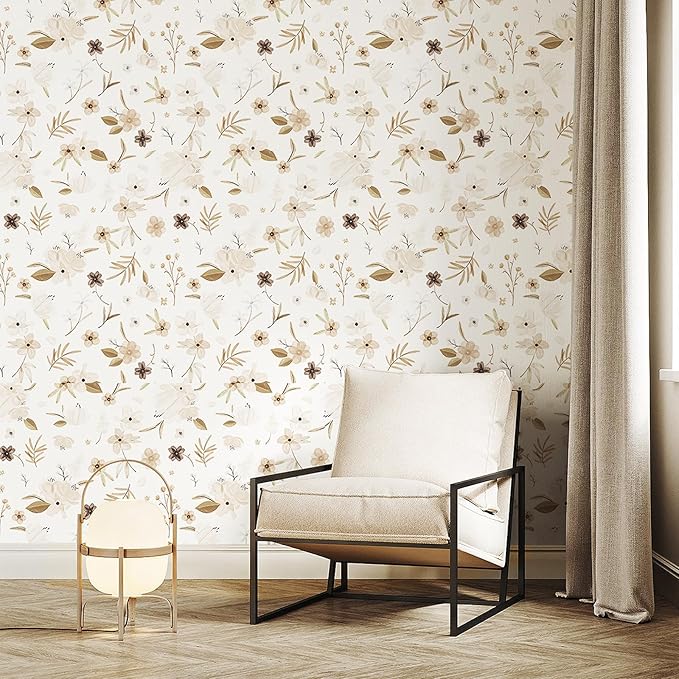 17.3"x236" Warm White Peel and Stick Wallpaper Autumn Brown Floral and Leaf Contact Paper Self Adhesive Removable Waterproof Wall Paper for Living Room Wall Decor