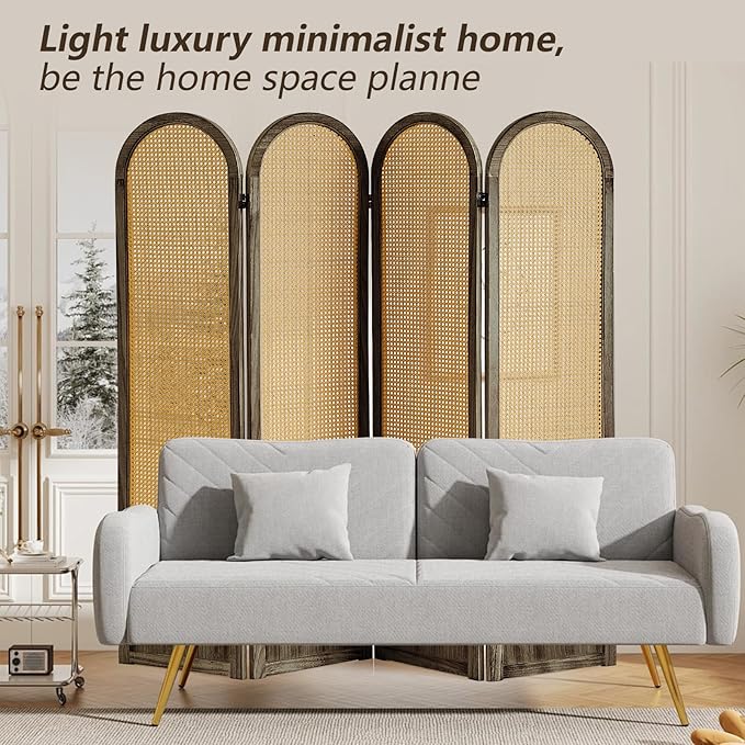 4 Panel Rattan Room Divier, Room Divider Panel and Folding Privacy Screens, Room Divider Wall, Solid Wood Frame, Partition Room Dividers, Bedroom, Dining Room, Lounge, Dark Brown