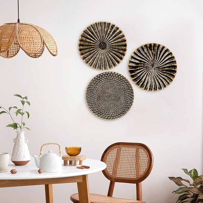 12" Wall Décor Pack of 3 Metal Gold & Black Washed Starbursts Radial Plate Wall Art Modern Accent Hanging Wall Decorations For Home Office Bedroom Or Living Room Wall Sculptures
