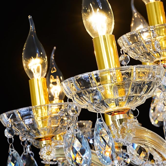 Large High Ceiling Designer Chandelier Modern Maria Theresa Crystals Gold Chandeliers Luxurious Pendant Hanging Lamp for Foyer, Dining Room, Staircase, Lobby, Living Room, 18 Lights, 2 Layers