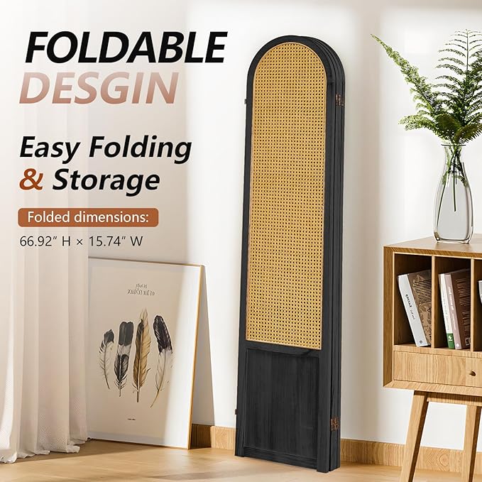 4 Panel Room Divider and Folding Privacy Screen 5.6 Ft Foldable Double Hinged Room Partition, Hand-Woven Rattan Room Divider Portable Wood Wall Divider for Room Separation, Home, Black