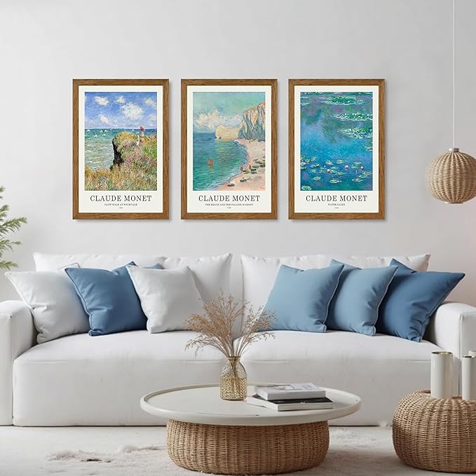 JLTULT 3 Piece Framed Vintage Claude Monet Canvas Wall Art, Impressionism Landscape Wall Decor, The Cliff Walk at Pourville Water Lilies Prints for Living Room Bedroom Office 16x24 in Easy to Hang