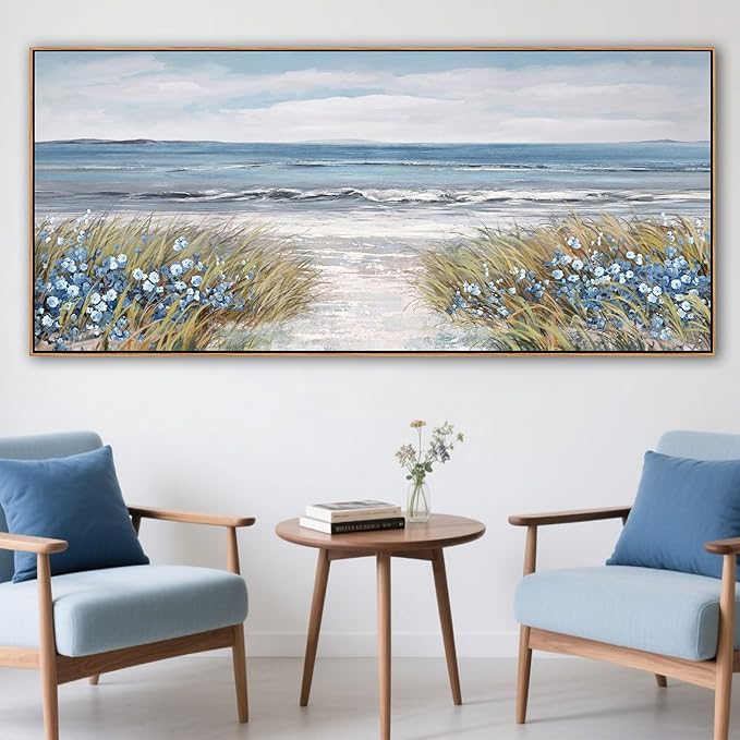 XLSJERST Large Framed Wall Art for Living Room Decor - Farmhouse Boho Beach Coastal Vintage Floral Ocean Wall Picture Flowers Sea Canvas Print Artwork for Home Bedroom Office 86x39 Inches