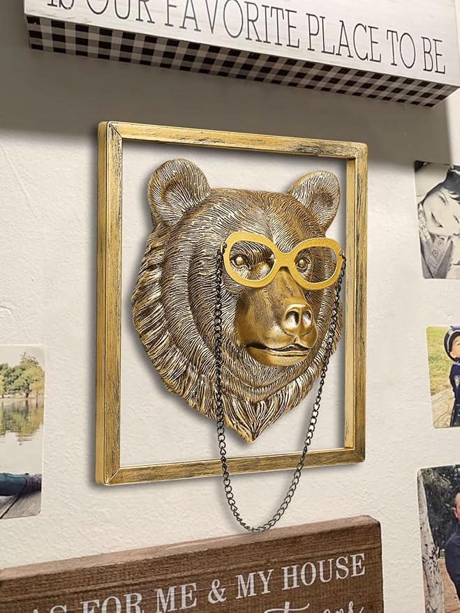Newinhome Animal Heads Wall Decor (Includes Metal Frame) Resin Animals Sculptures Head Wall Hanging Decoration Gold vintage Wall Sculpture for Living Room Bedroom Office(Bear)