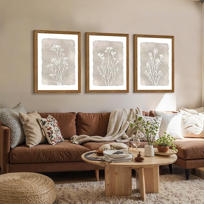 JLTULT 3 Piece Boho Beige Floral Wall Art, Minimalist Line Botanical Flower Wall Decor, Vintage Rustic Wildflower Art Prints for Living Room Bedroom Office Farmhouse decoration 16x24 in Ready to Hang