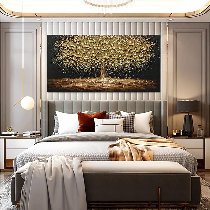 Art8YuQi Paintings - Contemporary Abstract Art Oil Painting On Canvas Texture 3D Golden Tree Gary Painting Handmade Artwork Picture Canvas Wall Art Modern Home Decor living room Ready to Hang
