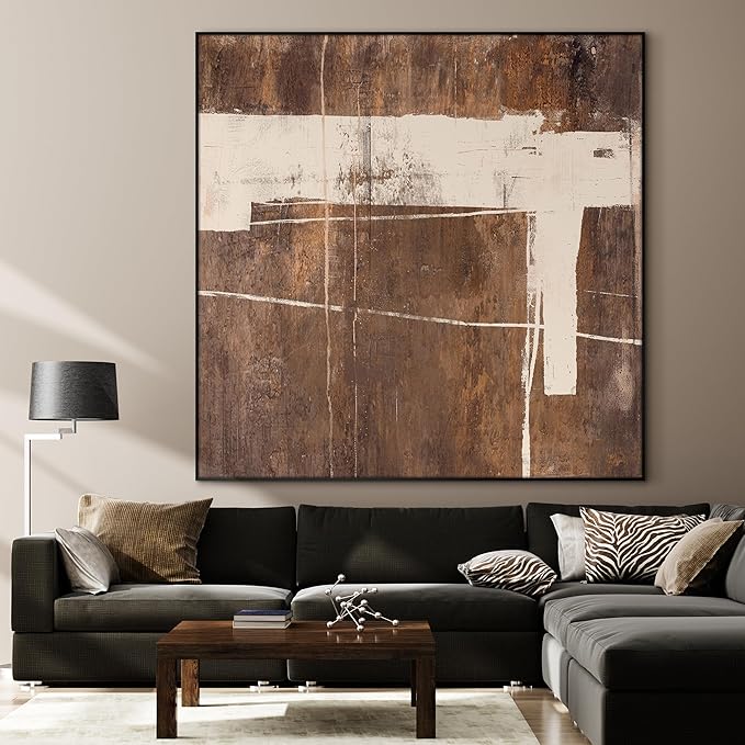 36"x36" Large Framed Wall Art - Rustic Brown and Beige Modern Design (Frame Assembly Required)