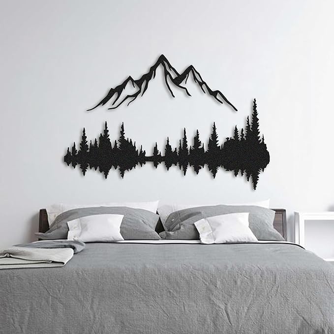 Metal Wall Art - Mountain & Forest Metal Wall Decor - Large Wall Sculpture for Rustic Home Living Room Bedroom Indoor/Outdoor (Black, 47.2'' x 31.4'')