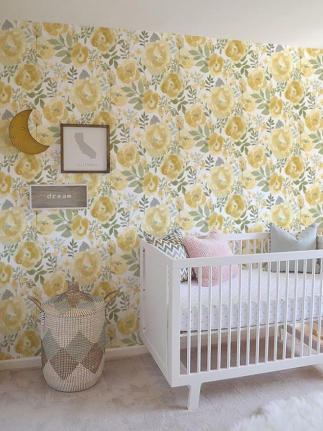 Orainege Floral Wallpaper Peel and Stick Wallpaper 16.9inx118.1in Self Adhesive Wallpaper Boho Contact Paper Removable Decorative Wall Paper for Bedroom Bathroom Shelf Liner Decor Vinyl,Yellow