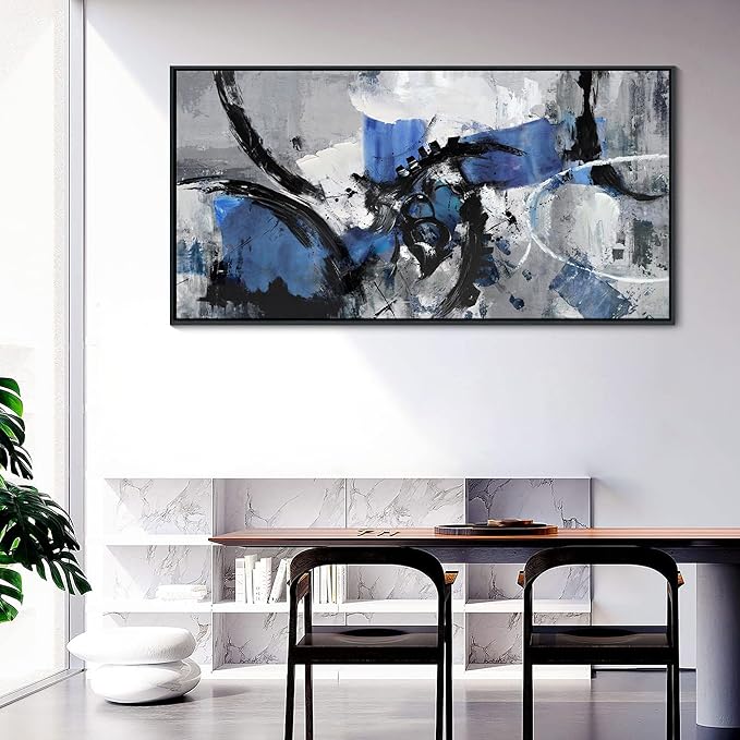 Blue Abstract Wall Art - Large Canvas Wall Art in Navy Blue and Black, Framed Gray Artwork for Living Room, Bedroom, and Office Decorations for Work - Modern Wall Decor and Pictures 30×60IN