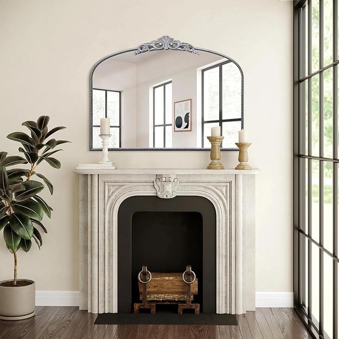 Micasso Antique Wall Silver Mirror: 40" x 30" French Baroque Vintage Mirror - Traditional Ornate Decorative Arched Mirrors for Wall/Bathroom/Entryway/Fireplace/Hallway - Home Decor for Living Room