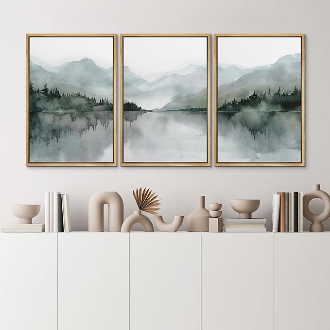 MUDECOR Framed Wall Art Print Set Misty Mountain Lake Watercolor Serene Illustrations Modern Art Boho Decorative Colorful Chic for Living Room, Bedroom, Office - 16"x24"x3 Natural