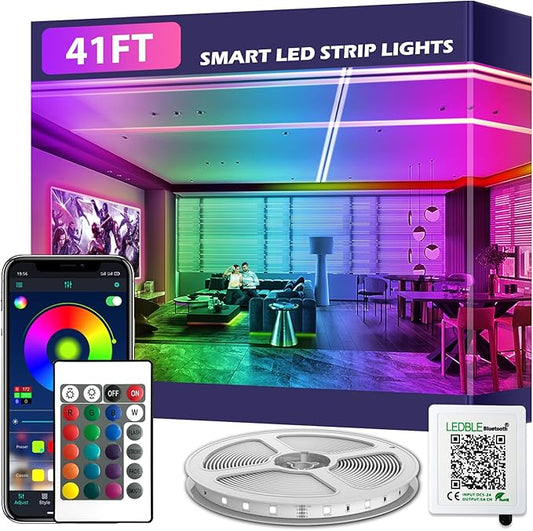 41FT Led Strip Lights,Long Smart Led Light Strips Music Sync 5050 RGB Color Changing Rope Lights,Bluetooth APP/IR Remote/Switch Box Control Led Lights for Bedroom,Home Decoration,Party,Festival