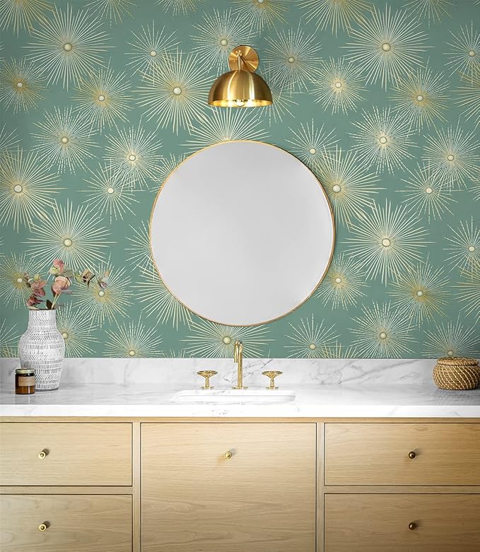 NextWall Star Burst Geo Mid Century Peel and Stick Wallpaper (Teal & Metallic Gold)