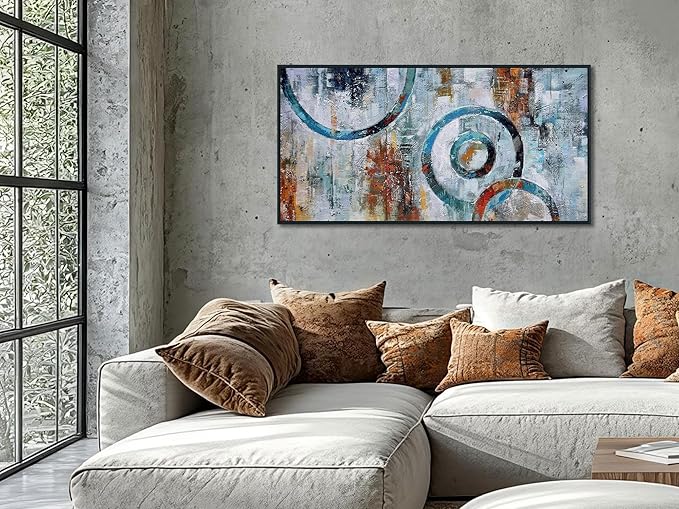 Arjun Abstract Wall Art Modern Grey Brown Picture Geometric Canvas Circle Block Painting, Large Size Simple Artwork Ready to Hang Framed for Bedroom Living Room Bathroom Home Office Wall Décor 40"x20"