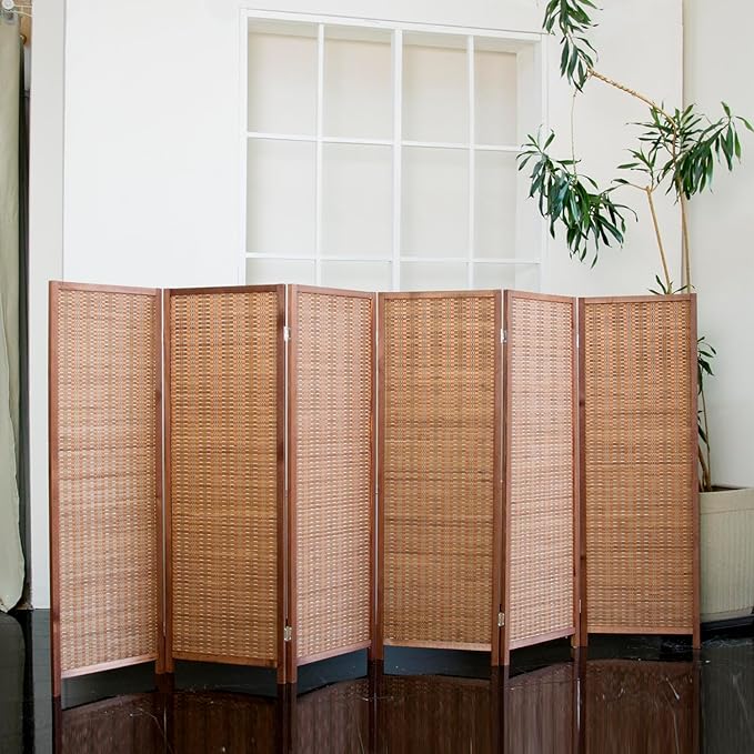6 Panel Short Room Divider Folding Screen,47 inch Bamboo Panel Divider for Home Partition,Brown