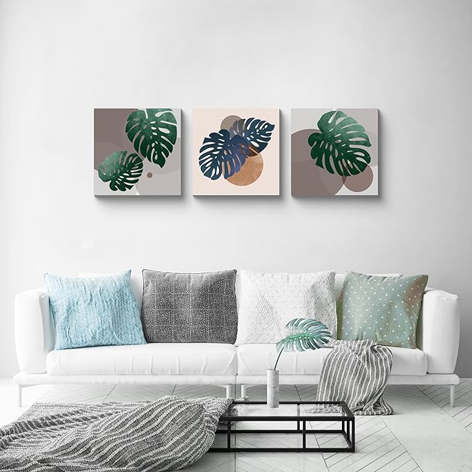 NAN Wind 3Pcs Tropical Leaf Wall Art Palm Frond and Foliage Canvas Print with Bold Orange Teal Yellow Shapes Mid-Century Modern Botanical Plant Pictures for Boho Living Room Bedroom Office Wall Decor
